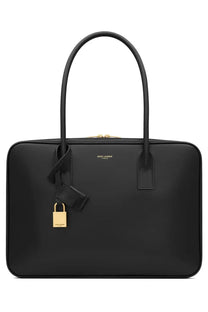 Saint Laurent women’s sac de jour black tote bag in black leather with gold-tone hardware and matching padlock