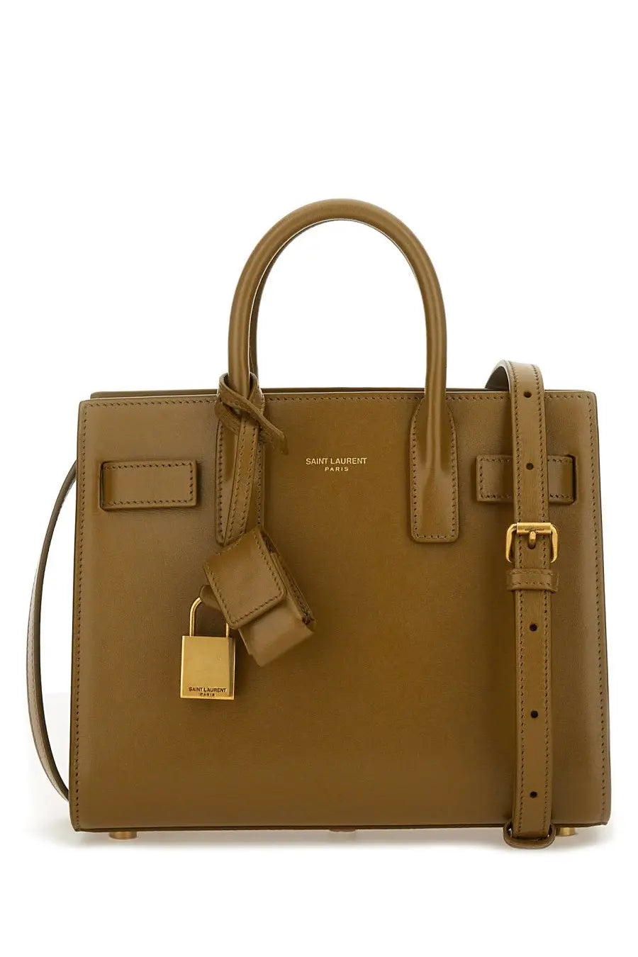 Tan leather saint laurent sac de jour bag with gold-tone hardware and matching lock in green product listing