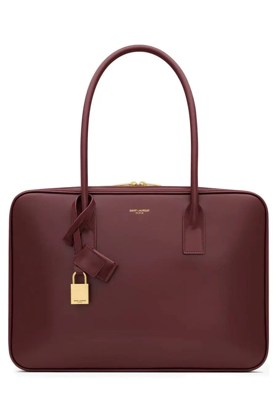 Saint Laurent women’s sac de jour bag in burgundy leather with gold-tone hardware and matching padlock