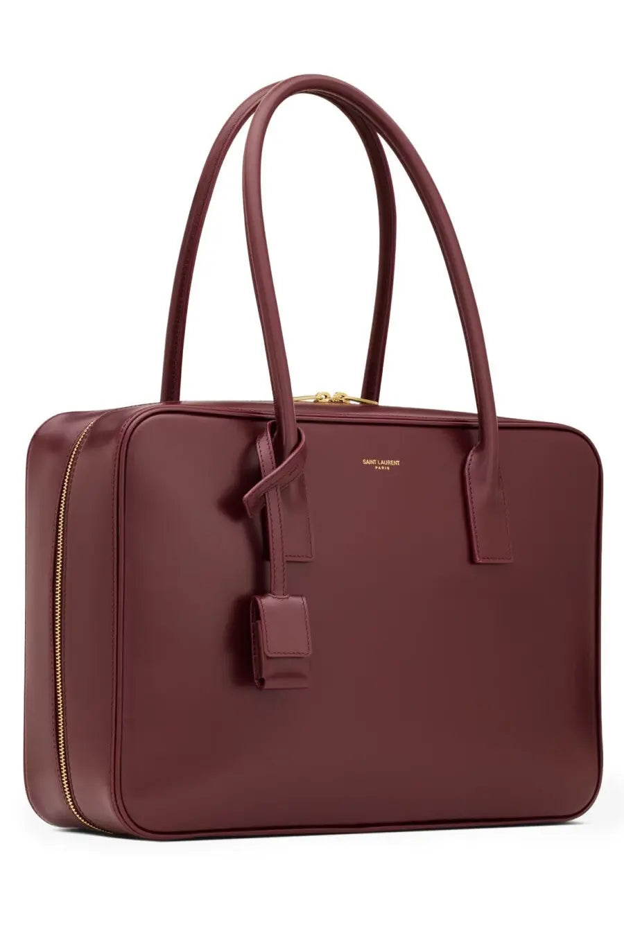 Saint Laurent women’s sac de jour bag in burgundy leather with gold-tone hardware and minimalist tote design