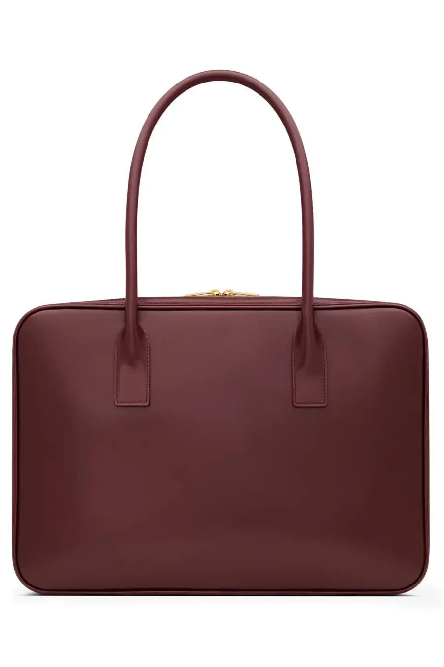 Saint Laurent women’s sac de jour bag in red burgundy leather with curved top handles and gold-tone zipper closure