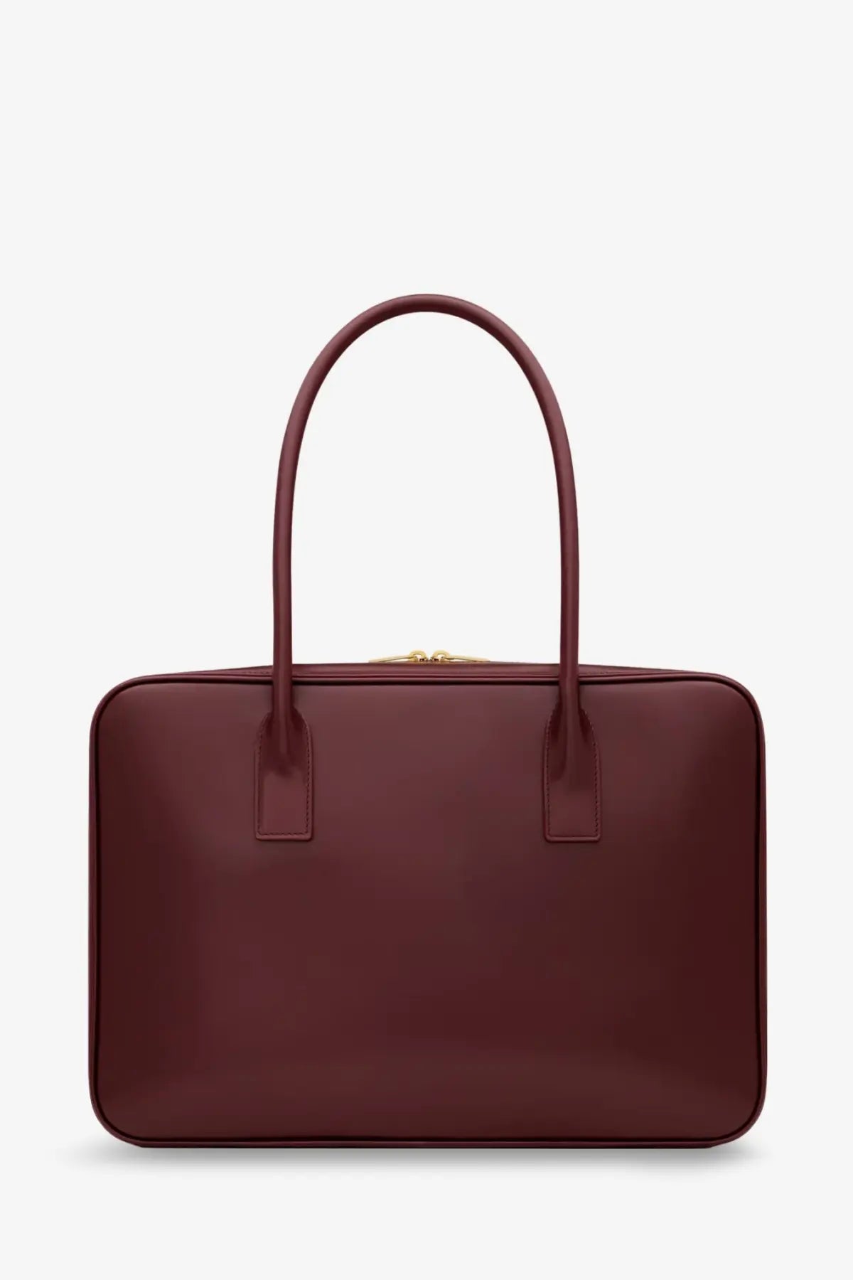 Saint Laurent women’s sac de jour red burgundy leather satchel with curved top handles and gold-tone zipper closure
