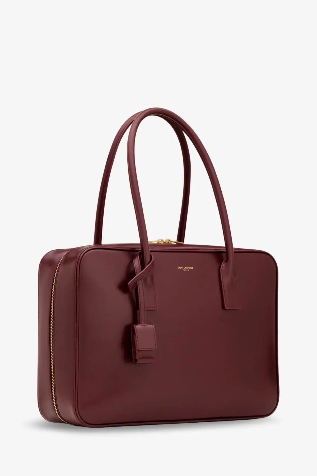 Saint Laurent women’s sac de jour tote bag in burgundy leather with gold hardware and minimalist design