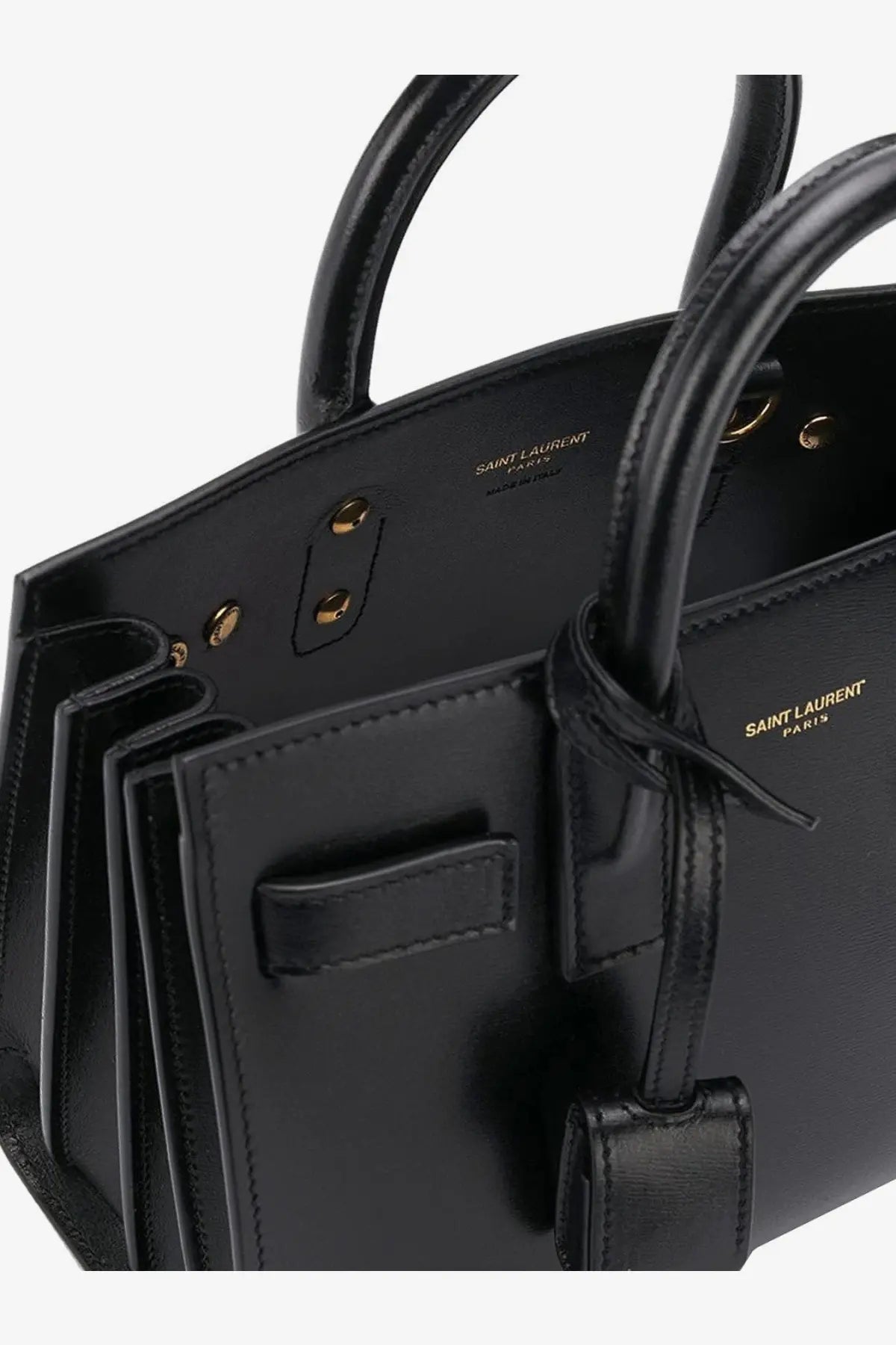 Saint Laurent women’s sac de jour nano black leather crossbody handbag with gold-tone hardware and logo embossing