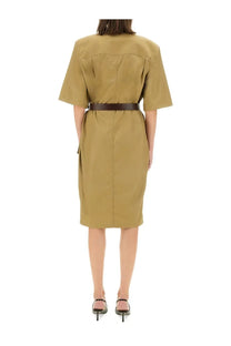Saint Laurent women’s khaki saharienne dress with short sleeves fitted waistband and side pockets in beige fabric