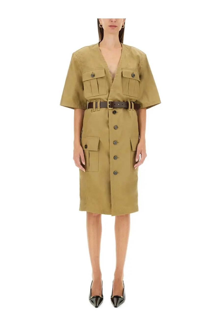 Khaki-colored Saint Laurent women’s saharienne dress with short sleeves, flap pockets, and matching belt with dark brown straps