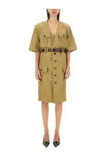 Khaki-colored Saint Laurent women’s saharienne dress with short sleeves, flap pockets, and matching belt with dark brown straps