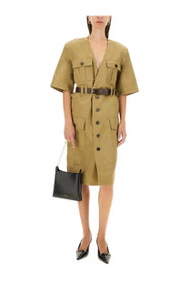 Saint Laurent women’s beige khaki utility dress with short sleeves front button closure and multiple flap pockets