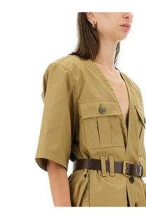 Saint Laurent women’s beige saharienne utility dress with short sleeves and brown leather belt in khaki fabric