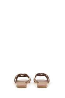 Brown leather slide sandals with braided strap design in Saint Laurent women’s sandal NU Pieds Tribute Beige style