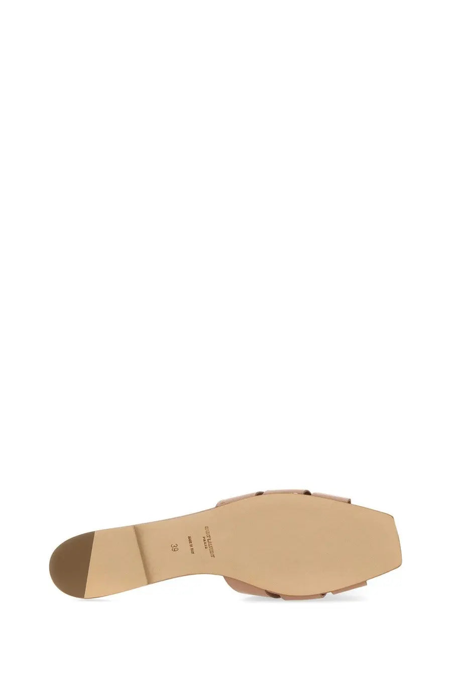 Beige leather Saint Laurent women’s slide sandal with square heel and minimalist design