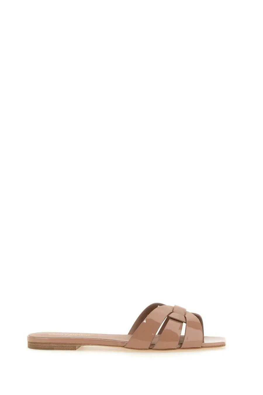 Saint Laurent women’s beige patent leather slide sandal with braided strap design and open toe style