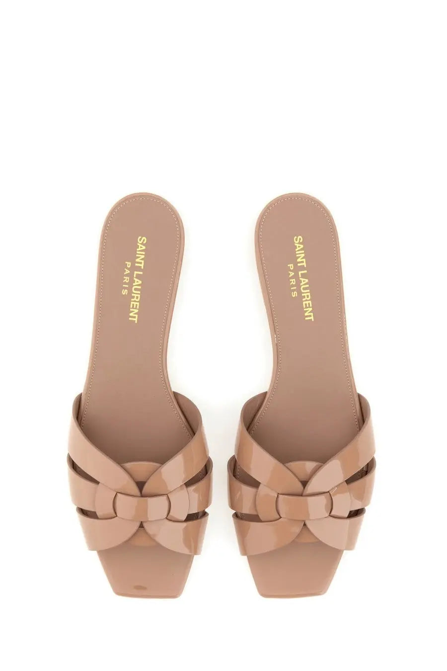 Saint Laurent women’s sandal nu pieds tribute beige beige patent leather with braided knot design and square toe