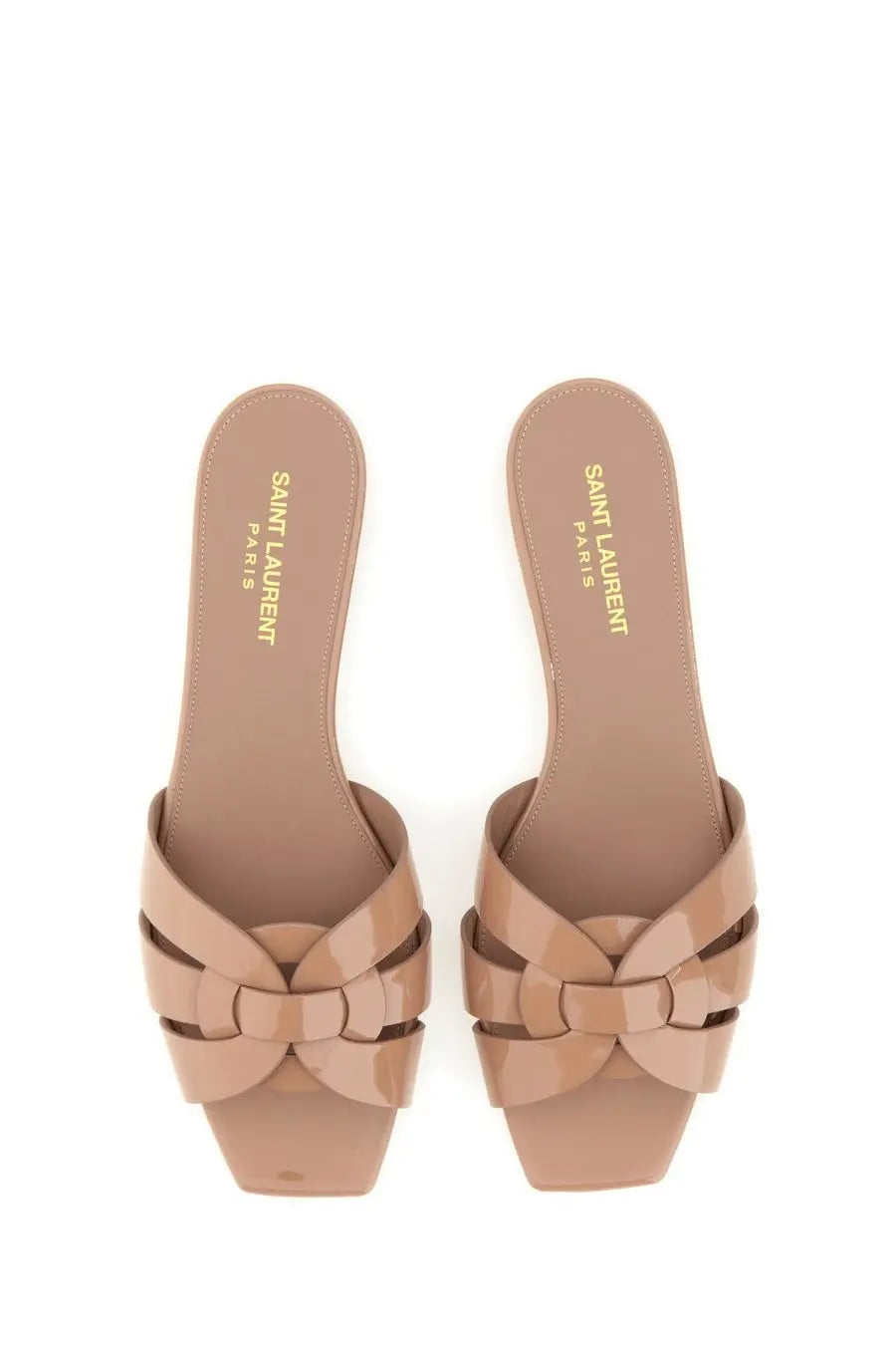 Beige patent leather saint laurent women’s mules with braided strap design nu pieds tribute sandal