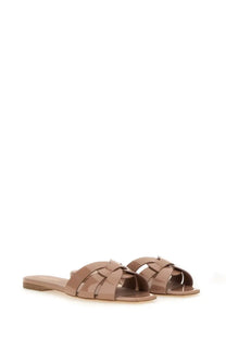 Beige patent leather ysl sandals with woven strap design from saint laurent womens sandal nu pieds tribute collection