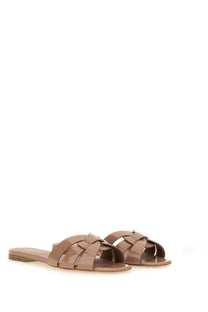 Tan patent leather yves saint laurent women’s sandal with braided strap design beige nu pieds tribute style