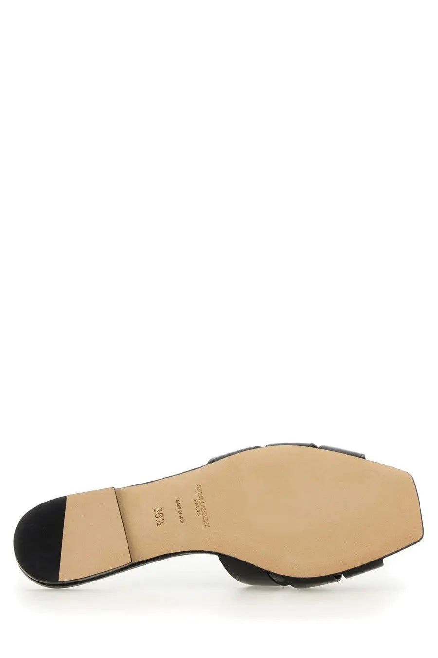 Saint Laurent women’s black leather slide sandal with square toe and contrasting tan insole nu pieds tribute style