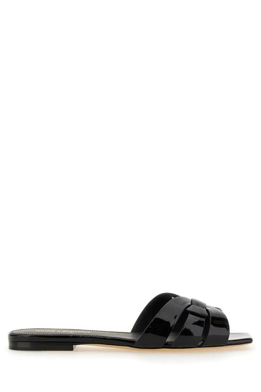 Saint Laurent women’s black patent leather slide sandal with woven strap design and open toe style