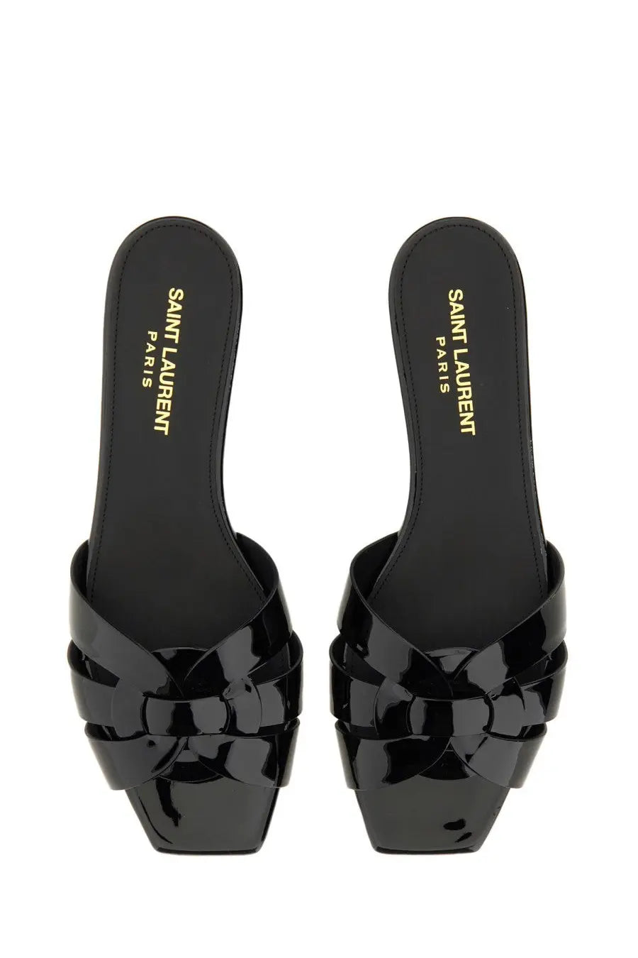 Saint Laurent women’s black patent leather slide sandals with braided design and square toe in Nu Pieds Tribute style