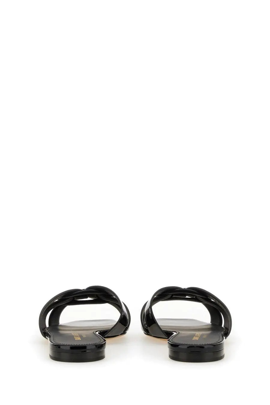 Saint Laurent women’s black patent leather slide sandals with sleek minimalist design and flat sole front view