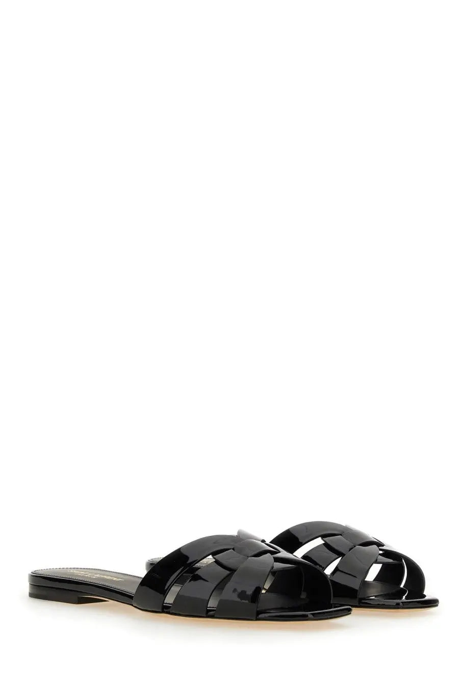 Saint Laurent women’s sandal nu pieds tribute black with black patent leather woven minimalist slide design
