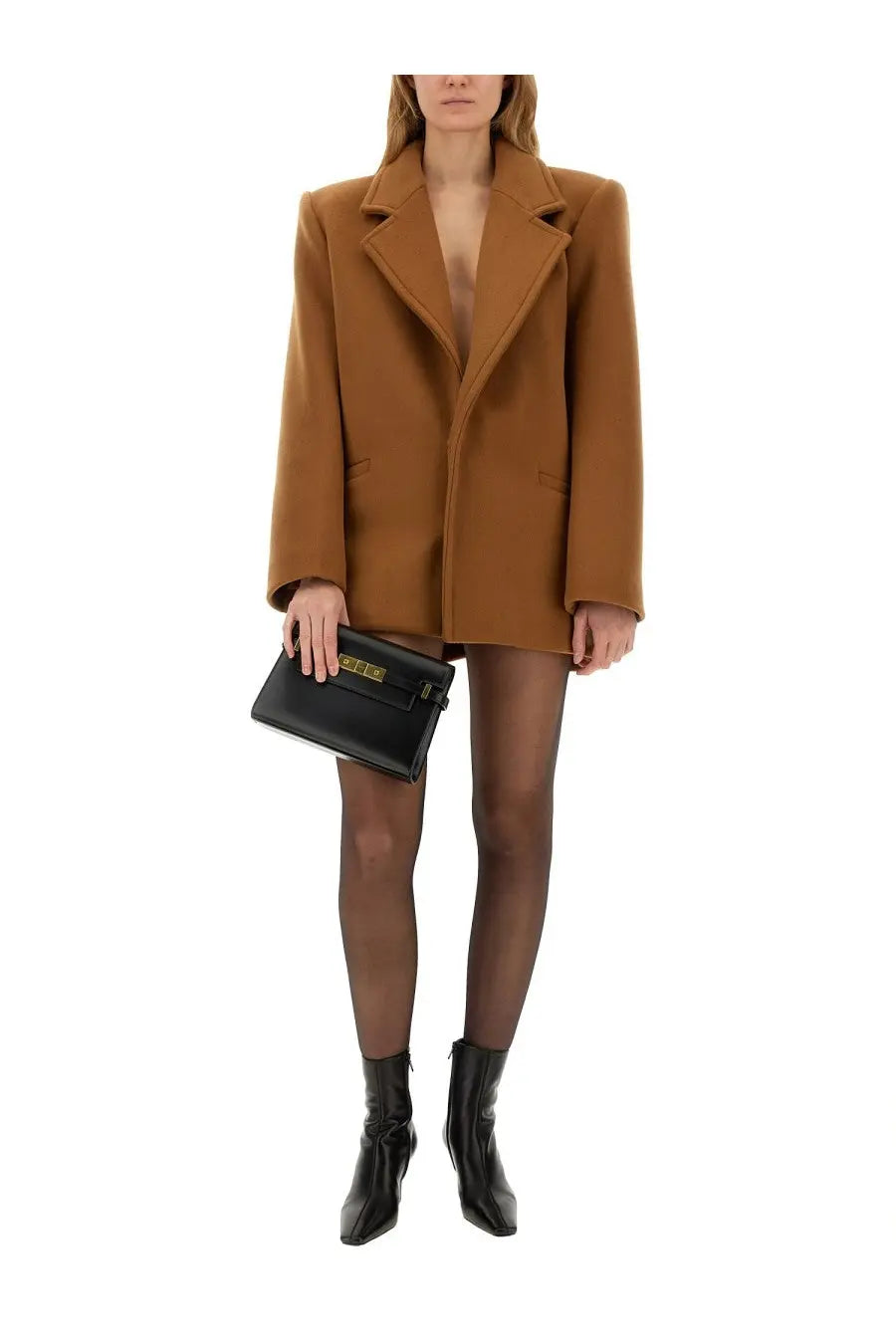 Black leather clutch with gold-tone hardware complementing saint laurent women’s beige short wool coat
