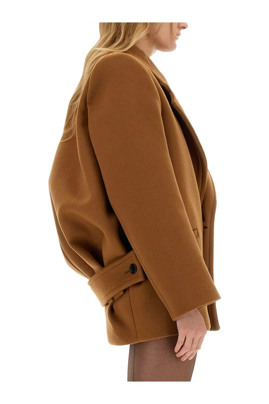 Saint Laurent women’s short wool coat beige camel-colored with relaxed fit and single-breasted design