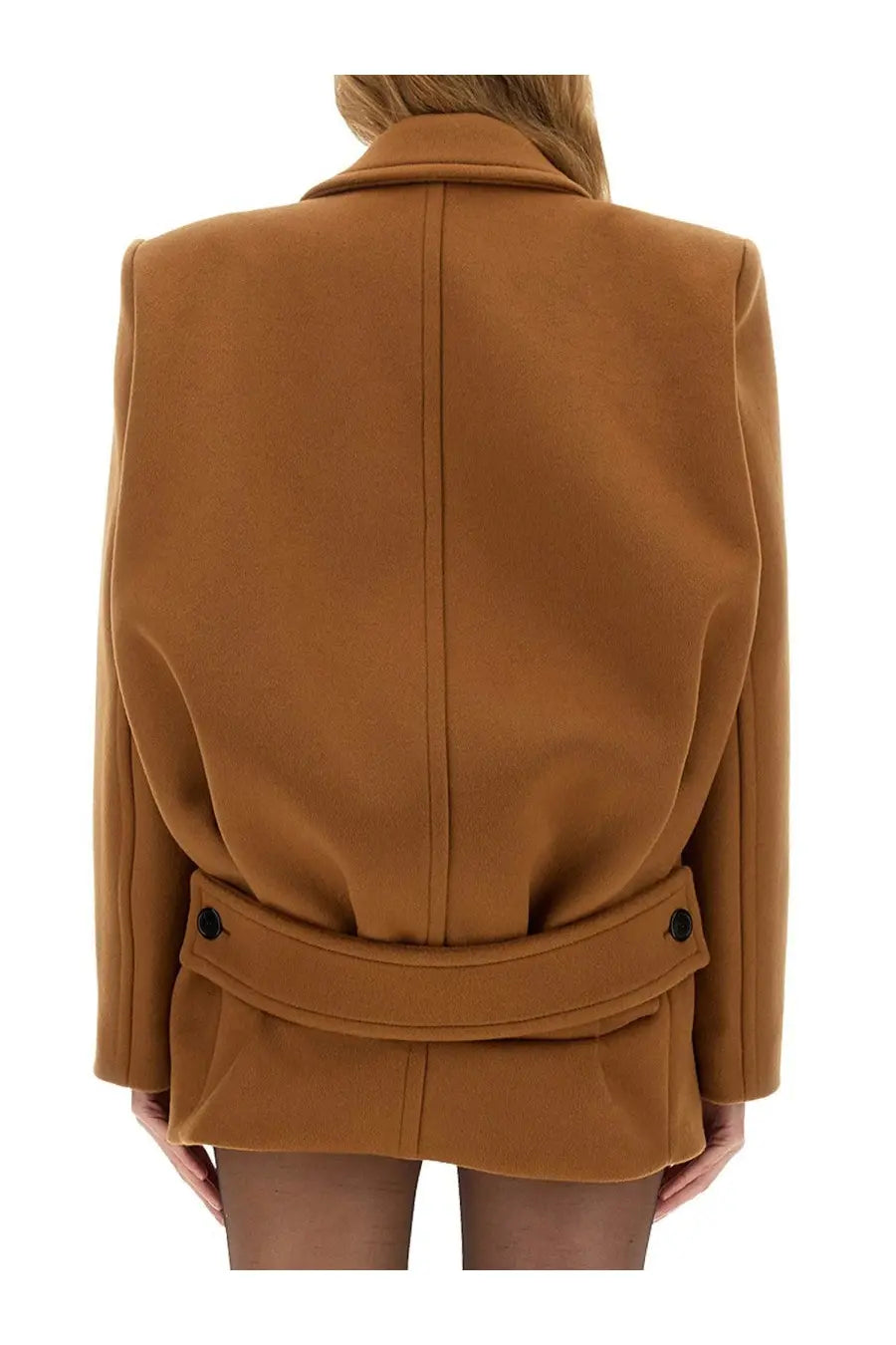 Saint Laurent women’s short camel-colored wool blazer with structured fit belted waist and notched lapel