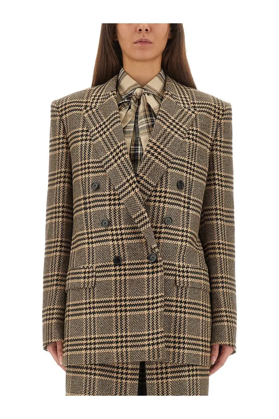 Saint Laurent women’s silk and cashmere beige blazer with black houndstooth wool double-breasted design