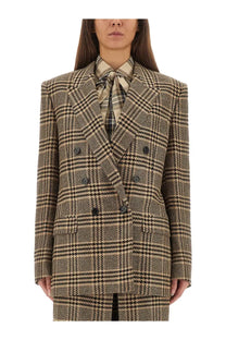 Saint Laurent women’s silk and cashmere beige blazer with black houndstooth wool double-breasted design