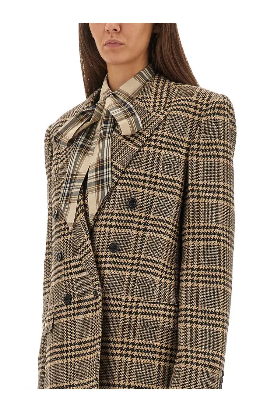 Saint Laurent women’s beige and black houndstooth wool blazer with plaid silk and cashmere bow tie collar