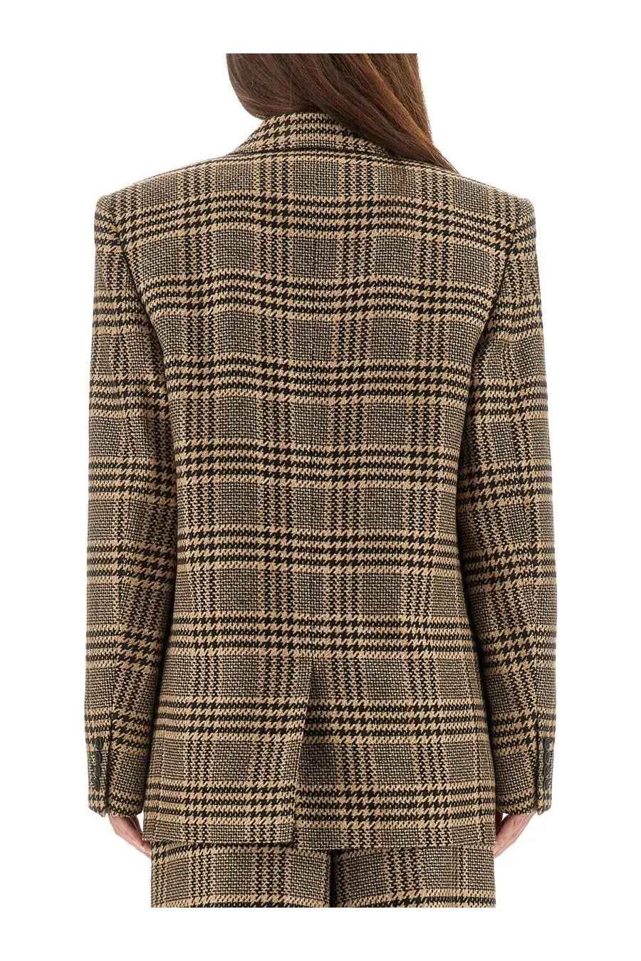 Saint Laurent women’s tailored blazer in classic beige and dark brown houndstooth wool with silk and cashmere blend
