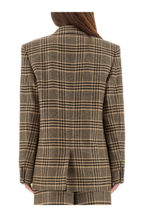 Saint Laurent women’s tailored blazer in classic beige and dark brown houndstooth wool with silk and cashmere blend