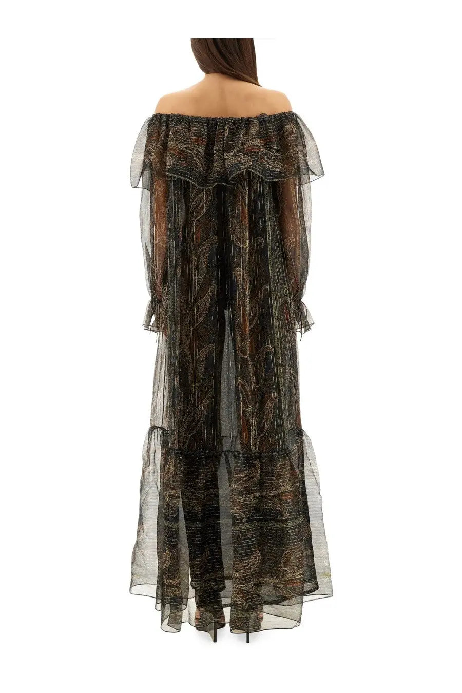Saint Laurent women’s black and gold silk lurex creponne off the shoulder maxi dress with sheer layered ruffles