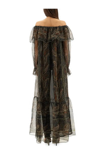 Saint Laurent women’s black and gold silk lurex creponne off the shoulder maxi dress with sheer layered ruffles