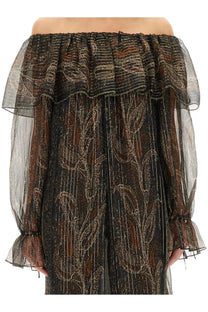 Saint Laurent women’s silk lurex creponne sheer off-the-shoulder dress black with gold and brown paisley patterns