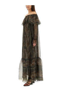 Saint Laurent women’s off-the-shoulder black silk lurex creponne maxi dress with gold leaf patterns and ruffle layers