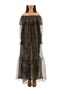 Saint Laurent women’s silk lurex creponne off the shoulder black maxi dress in sheer mesh with gold leaf pattern and ruffles