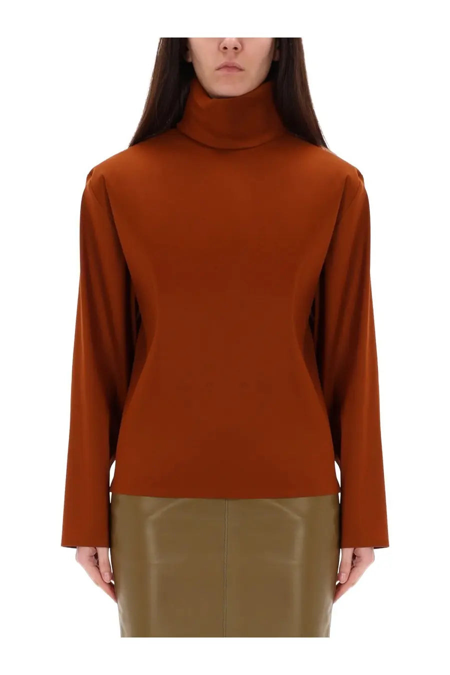 Saint Laurent women’s rust-colored silk turtleneck top with long sleeves and a fitted silhouette