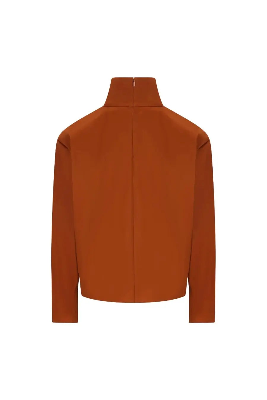 Saint Laurent women’s silk rust-orange high-neck long-sleeve top with minimalist design and subtle vertical seams