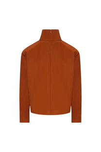 Saint Laurent women’s silk rust-orange high-neck long-sleeve top with minimalist design and subtle vertical seams