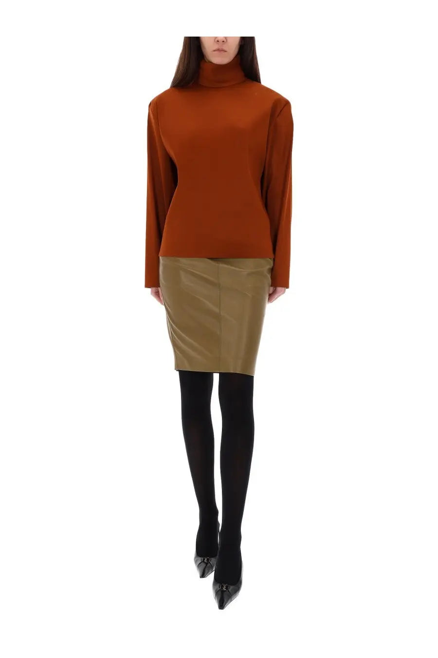 Saint Laurent women’s rust-orange silk turtleneck sweater with long sleeves and fitted silhouette