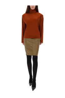 Saint Laurent women’s rust-orange silk turtleneck sweater with long sleeves and fitted silhouette