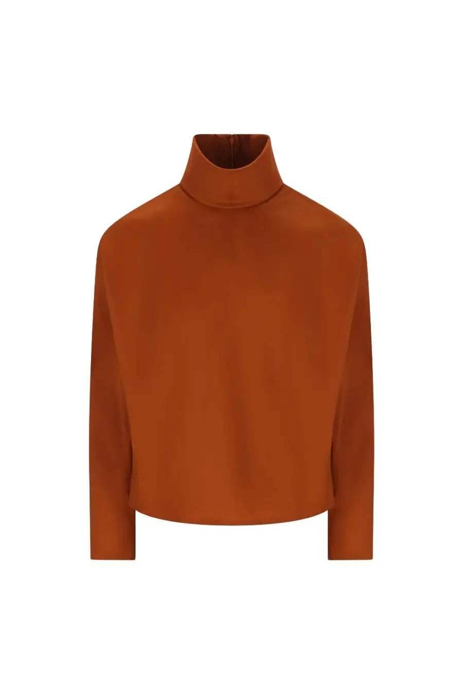 Saint Laurent women’s rust-orange silk turtleneck top with long sleeves and a smooth matte finish