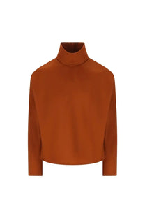 Saint Laurent women’s rust-orange silk turtleneck top with long sleeves and a smooth matte finish