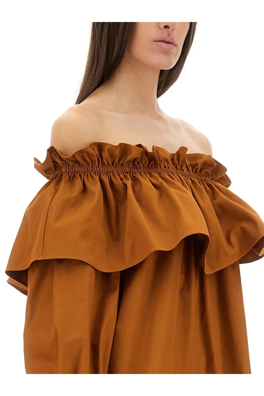Saint Laurent women’s brown rust-colored off-the-shoulder sleeve dress with ruffled neckline and flowing fabric