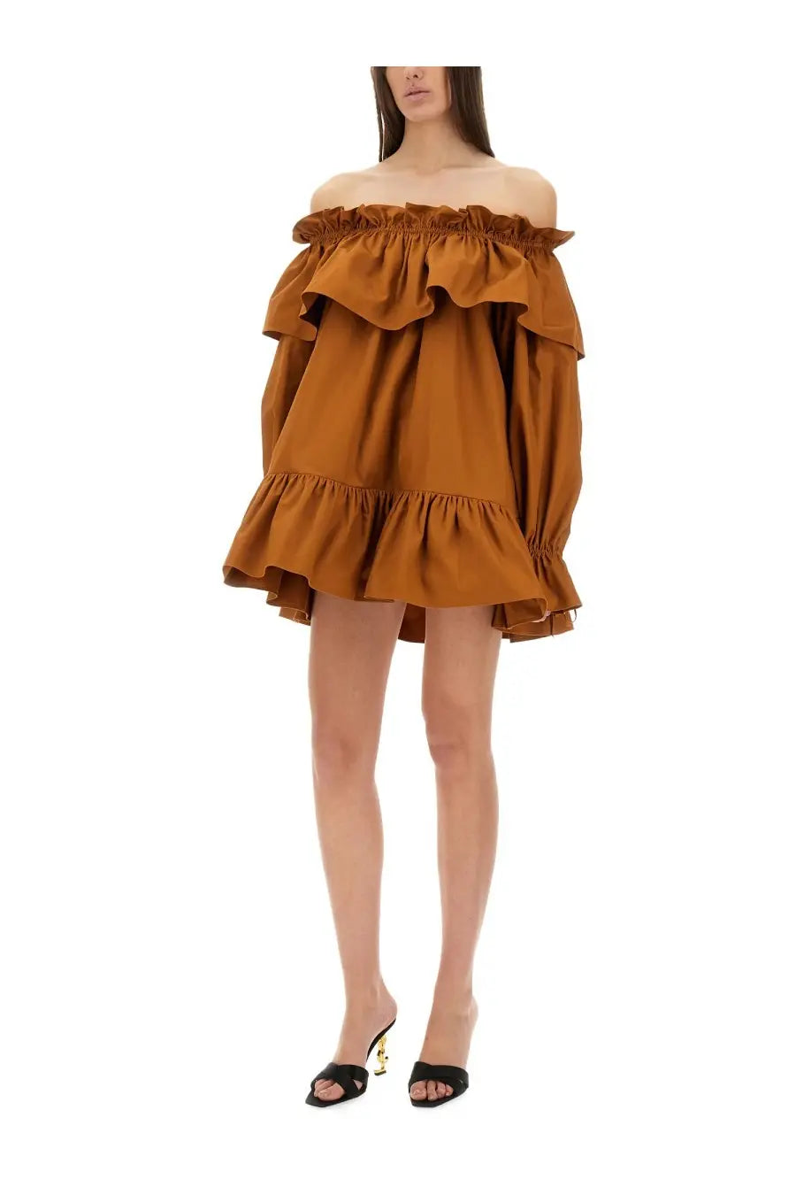 Saint Laurent women’s rust-colored off-the-shoulder mini dress with layered ruffles and puffed sleeves