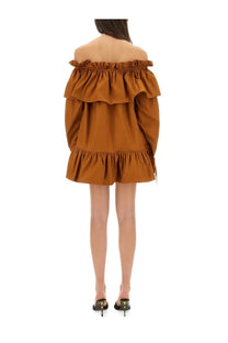 Saint Laurent women’s brown off-the-shoulder mini dress with layered ruffles made from soft cotton-like fabric