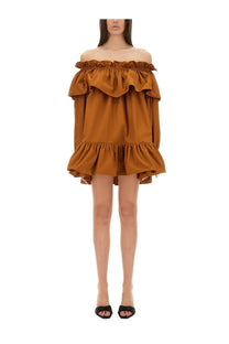 Saint Laurent women’s rust-colored off-the-shoulder mini dress with ruffled tiers and long sleeves in brown fabric
