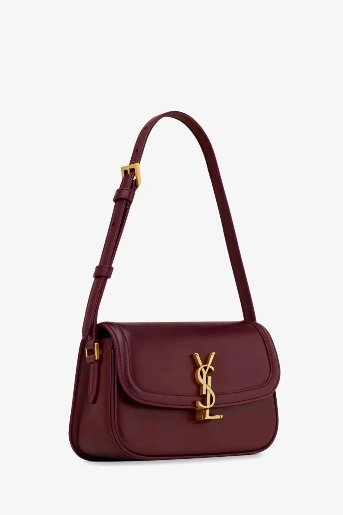 Saint Laurent women’s Solferino mini burgundy leather shoulder bag with gold-tone YSL logo clasp and matching strap